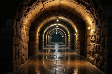 Obraz premium Water droplets on the stone wall of a wine cellar, ancient stone, wine cellar, dim lighting
