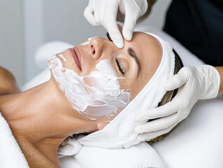 Relaxing Facial Treatment: A woman with her eyes closed enjoys a luxurious facial treatment in a spa setting. Her face is covered in a creamy mask, while a beautician gently applies the treatment.