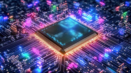 A futuristic microchip surrounded by light trails