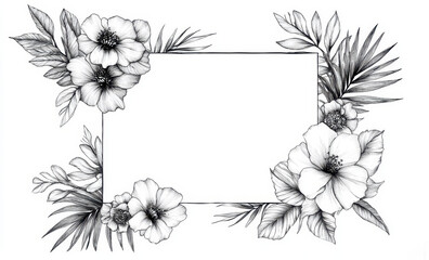 Hand drawn tropical floral frame featuring exotic flowers and leaves, perfect for invitations or decorative purposes. intricate design adds touch of elegance and nature