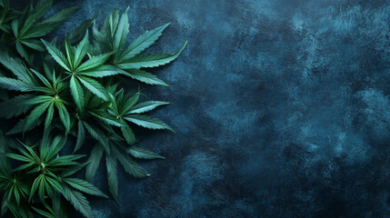 Fototapeta premium Cannabis leaves background. Green leaves of marijuana on dark blue background, top view, copy space