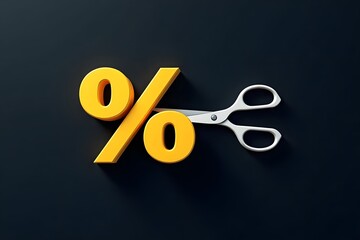 Scissors cutting yellow percentage symbol on dark background