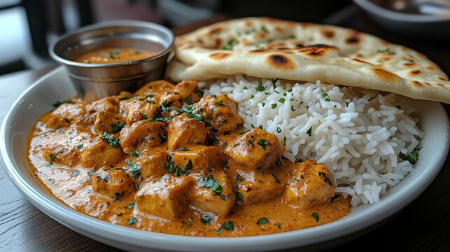A delicious plate of Indian butter chicken served alongside fluffy naan and fragrant basmati rice, showcasing rich flavors and vibrant colors for a mouthwatering culinary experienc