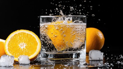 Sparkling orange water splash, ice cubes, dark background.  Refreshing summer drink
