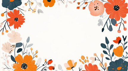 Colorful floral frame with playful doodle style flowers and leaves, perfect for invitations or greeting cards. design features variety of blooms in warm tones, creating cheerful atmosphere
