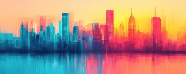 Obraz premium Vibrant city skyline reflection at sunset with colorful hues.