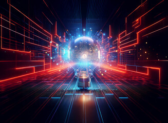 Obraz premium Abstract image with double exposure effect, blending bright digital circuitry and vibrant light paths. Illuminated lines create a futuristic and interconnected atmosphere.