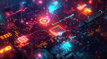 Glowing symbols and icons representing cyber security awareness and education