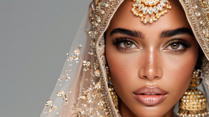 Intricate Beauty:  A captivating portrait of a woman adorned in traditional Indian attire, showcasing intricate jewelry, a delicate veil, and mesmerizing eyes that exude grace and allure.