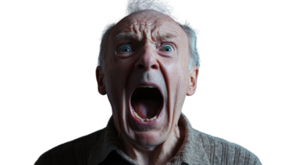Senior man shouting with transparent background: expressing fury and emotion
