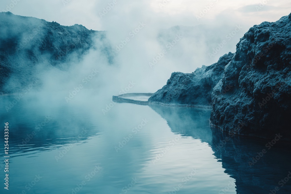 Aufkleber serene hot spring surrounded by rocky edges with steam gently rising in a tranquil setting. generati