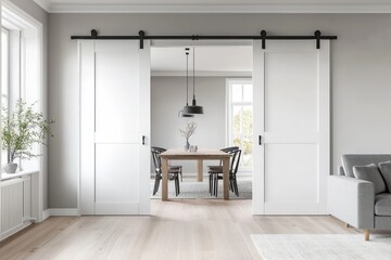 Fototapeta premium Spacious Scandinavian living and dining area featuring sliding doors, soft lighting, and a clean minimalist design for modern home interiors.