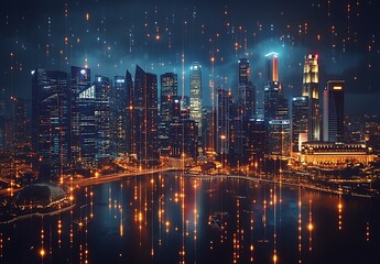 Fototapeta premium Nighttime city skyline illuminated by digital lights reflecting on water, showcasing urban life