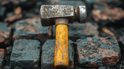 Rusty Demolition Hammer on Stack of Broken Bricks Construction Site Close up