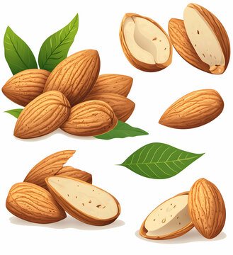Artistic depiction of almonds with leaves, showcasing whole and halved nuts, ideal for culinary, health, and promotional visuals in high resolution
