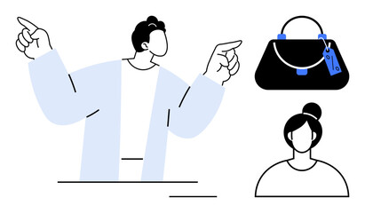 Man gesturing passionately while speaking, woman with a bun, and a handbag, all symbolizing various professional or personal concepts. Ideal for communication, leadership, fashion, retail, marketing