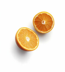 Vibrant halved oranges showcasing juicy segments on a stark white backdrop, perfect for health, wellness and refreshing citrus fruit imagery
