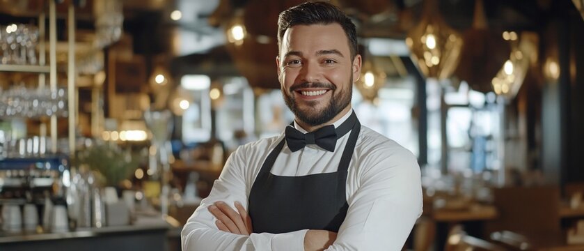 Smiling waiter, restaurant, bar background, service