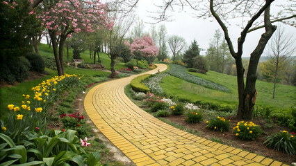 Fototapeta premium Enchanting Garden Pathway of Yellow Cobblestones Surrounded by Lush Nature