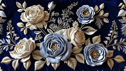 blue and gold floral design with embossed roses elegant digital artwork with intricate decorative vintage texture