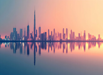 Obraz premium Serene Metropolis, A Silhouette of Urban Majesty Reflected in Calm Waters at Dusk, Capturing the Essence of Modern Cityscape and Tranquil Reflection