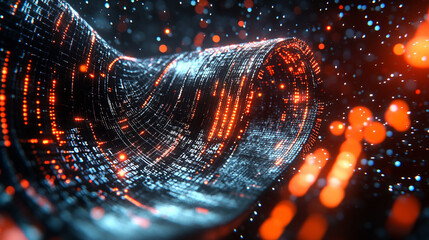 A futuristic glowing fabric embedded with vibrant orange and red digital threads.