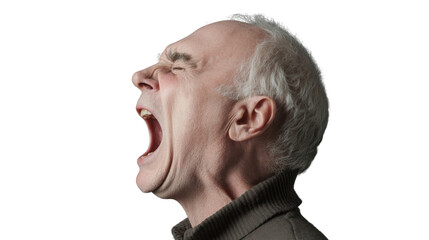 Obraz premium Senior man screaming with transparent background: profile view of frustration and anger