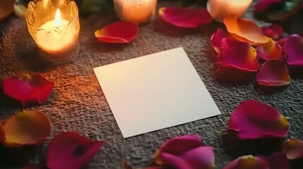 An empty white card placed on a table, surrounded by delicate rose petals and softly glowing candles, creating a romantic and elegant atmosphere. A perfect setting for invitations, love notes