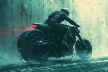 Lone Rider Speeds Past a Weathered Wall in the Rain