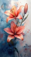 Vibrant watercolor painting of blooming lilies against a soft blue and pink background