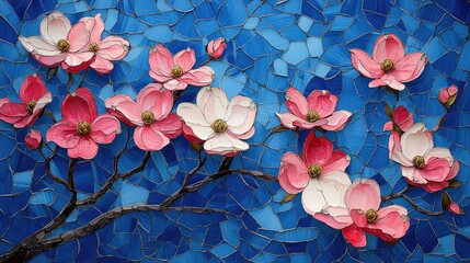 Vibrant pink and white dogwood flowers against a bright blue mosaic background, showcasing nature's beauty