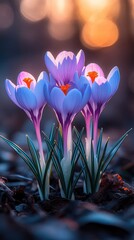 Vibrant crocuses bloom in a serene garden at sunset, surrounded by soft, blurred background light