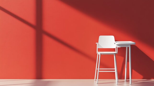 Red wall, white chair, small table, sunlit room, minimalist interior design