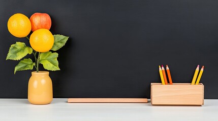 A vibrant arrangement of artificial fruits in a yellow vase beside colorful pencils on a desk