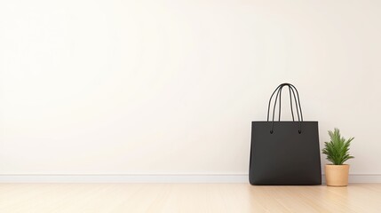 Stylish black tote bag placed next to a small green plant on a wooden floor in a minimalist room
