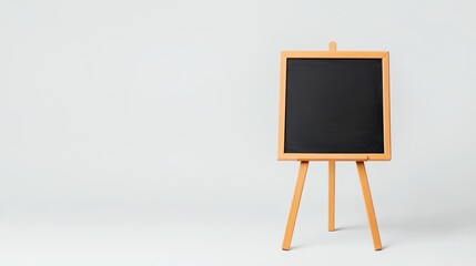 Empty chalkboard on wooden easel against a minimalist background, ideal for creative presentations