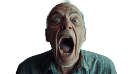 Senior man shouting with transparent background: expressing fury and emotion
