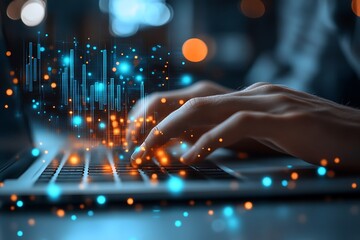 Person typing on a laptop with glowing data visualization in a dimly lit environment