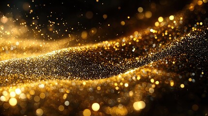 Shimmering golden particles flowing gracefully in a dark background, creating a magical atmosphere