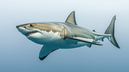 Obraz premium Highly detailed and realistic close-up of a great white shark swimming in isolation against a clean white background, showcasing its sharp teeth, streamlined body