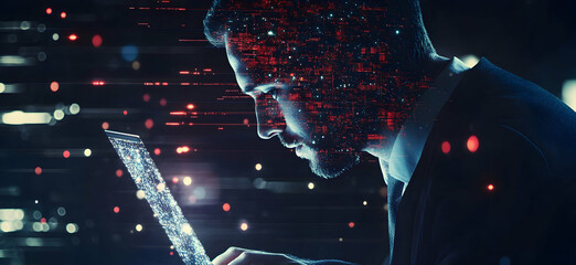 Data Stream Decoding, A Man Engrossed in Digital Analysis and Cybernetic Code with Lines of Light Highlighting Focus and Intense Activity