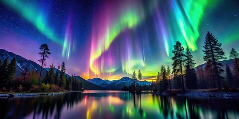 Fototapeta premium Aurora borealis display with vibrant colors in the night sky, surrounded by trees and mountains, evoking an otherworldly atmosphere , forest, northern lights