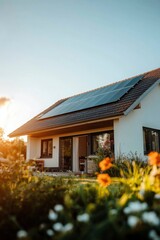 Modern house with solar panels surrounded by vibrant flowers at sunset in a serene neighborhood