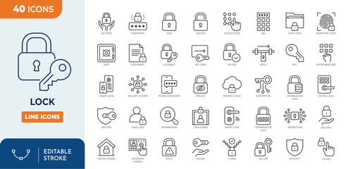 Lock icon set. Containing padlock, security, unlock, lock document, secured, biometric, chain, protect, secure, and more icons. Outline Icon Collection. Vector illustration. Editable stroke