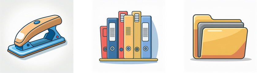 Office stationery icons depict a hole puncher, binders on a shelf, and a file folder. These graphics represent tools for office organization and document management.