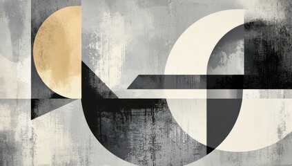 Simple geometric shapes and lines on a cool gray background, subtle texture.