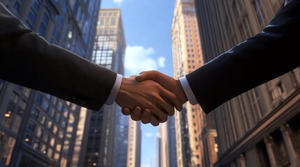 Hyperrealistic close-up of a handshake between a presenter and judge, showcasing crisp suit textures and skin details. Dramatic skyscraper backdrop with cinematic lighting. Ultra HD, 16K, photorealist