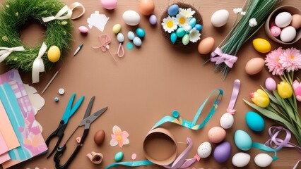 Obraz premium Top-down view of a crafting table with materials for making an Easter wreath: artificial flowers, ribbons, eggs, and a glue gun, cozy and artistic atmosphere, semi-realistic digital illustration