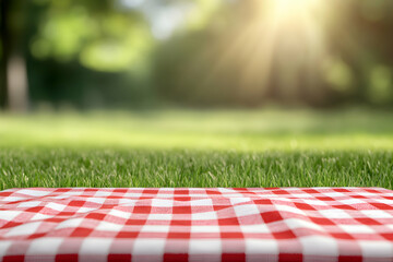 Sun-Kissed Picnic Ready, A Red Checkered Blanket on Lush Green Grass Invites Outdoor Gatherings and Celebrations Under the Warm Sunlight