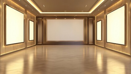 Obraz premium Modern entertainment gallery with soft lighting and blank display walls, designed for multimedia showcases and creative decor displays